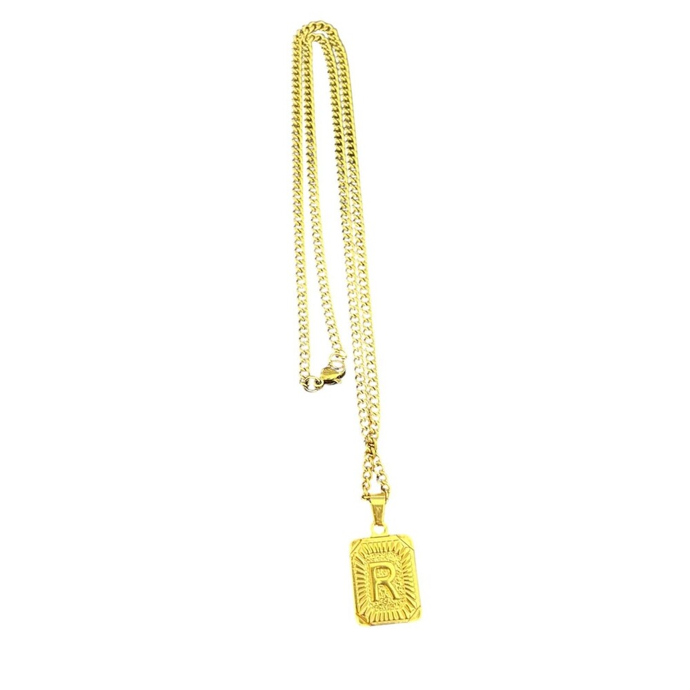 Yellow Gold Plated Stainless Steel Initial Letter R Pendant Necklace 22 in chain